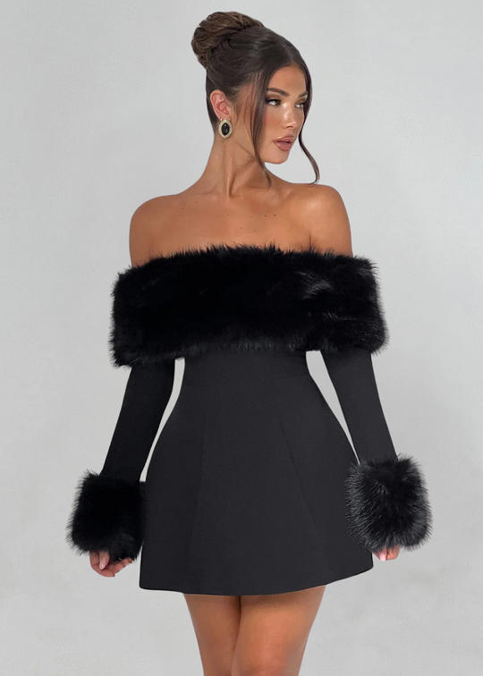 Seba Off-Shoulder Mini Dress with Fur Sleeves