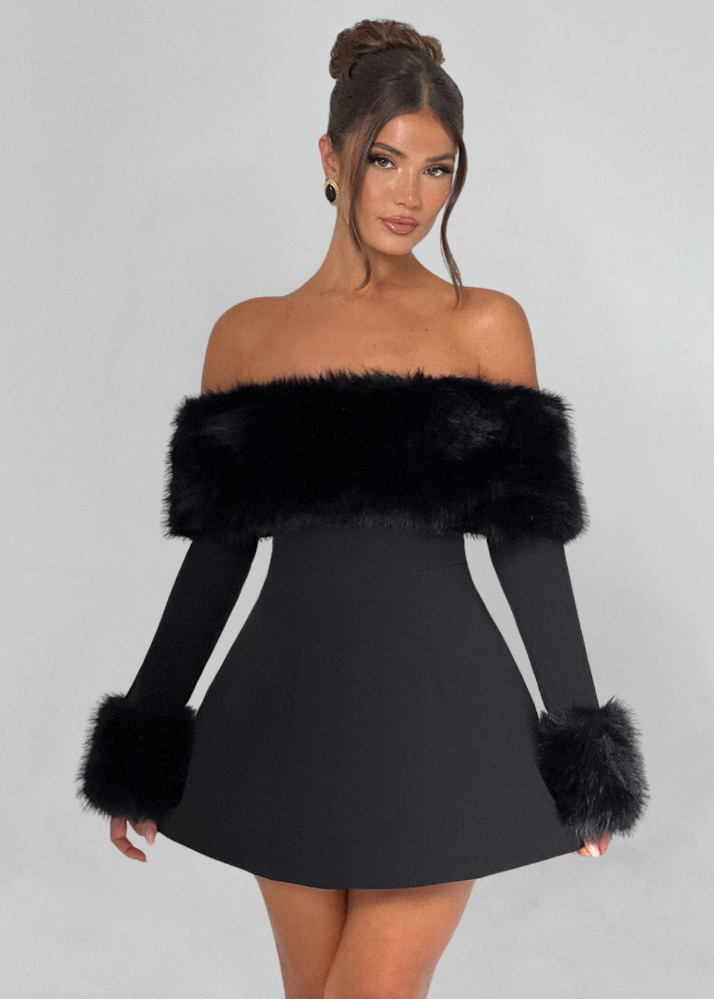 Seba Off-Shoulder Mini Dress with Fur Sleeves