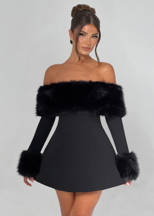 Seba Off-Shoulder Mini Dress with Fur Sleeves