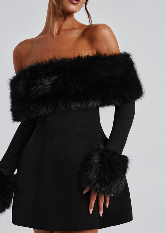 Seba Off-Shoulder Mini Dress with Fur Sleeves