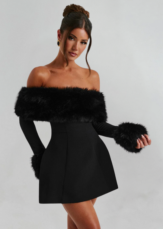 Seba Off-Shoulder Mini Dress with Fur Sleeves