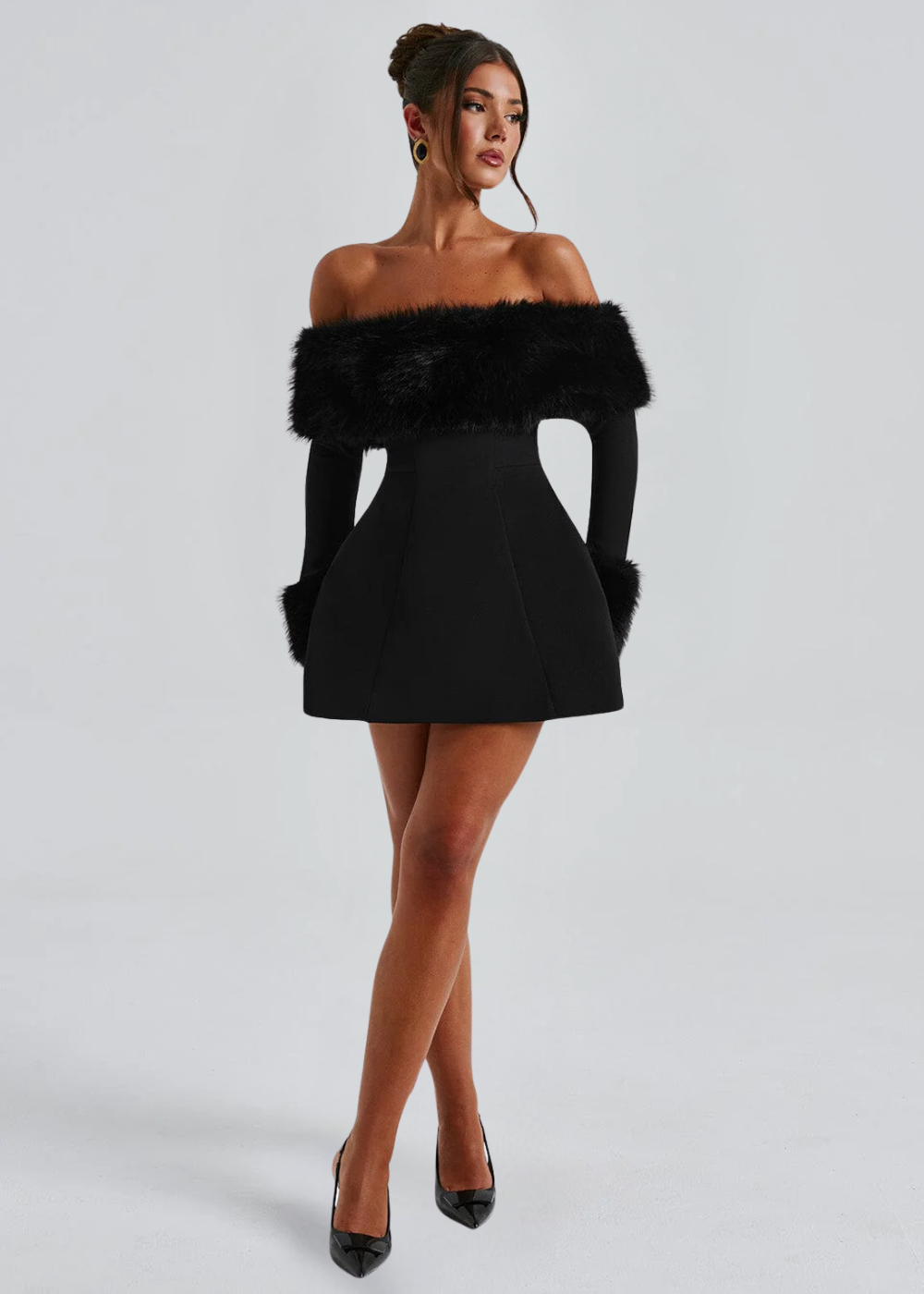 Seba Off-Shoulder Mini Dress with Fur Sleeves